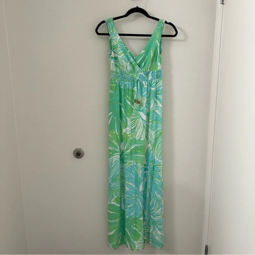 Lilly Pulitzer Isla Green Sheen Fronds Place Tassel Tie Jersey Long Maxi Dress - Picture 5 of 9